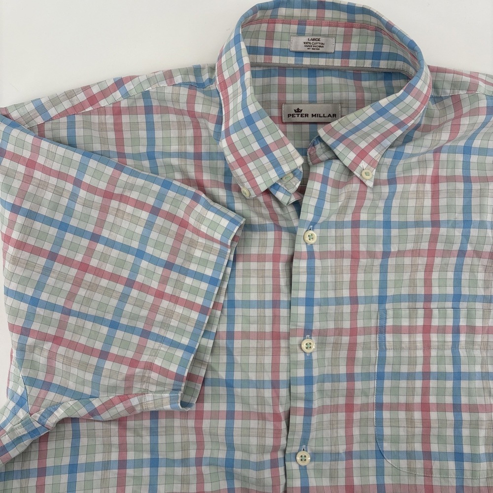 Peter Millar  Mens Large Blue, Pink, Green Plaid Button Down Shirt L 100% Cotton
